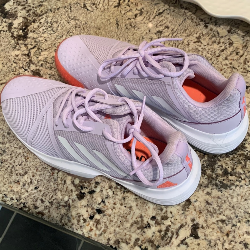 Adidas tennis shoes. Womens size 9.5 like new. Worn one time! Purple and coral